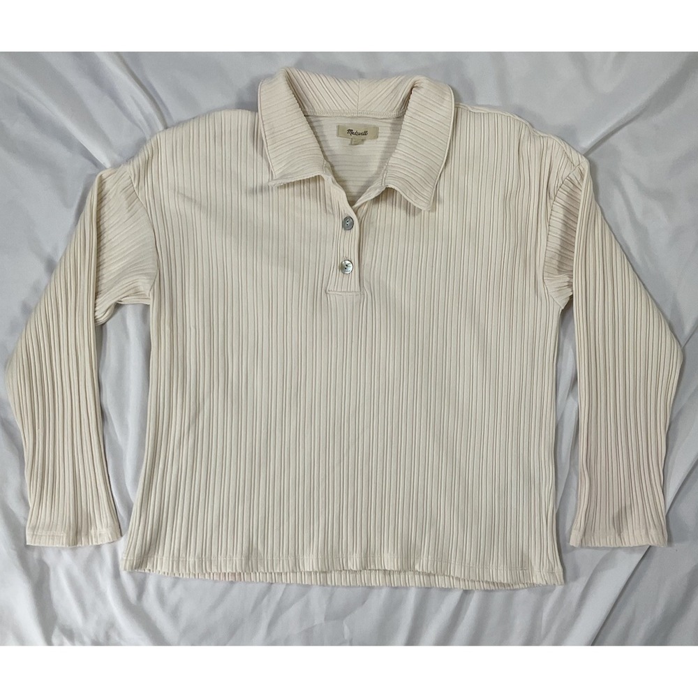 Madewell Women's Cream Collared Shirt Ribbed Long Sleeve Size Medium Casual 446